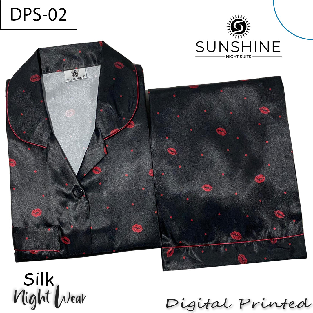 Black Red Lips Digital Printed Silk Nightdress for Women – DPS-02