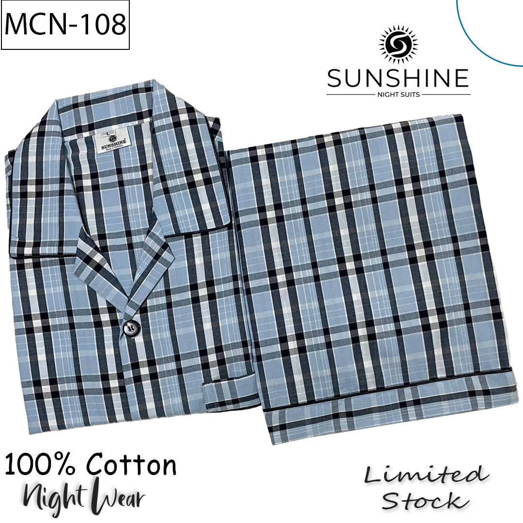 Sky Blue Check 100% Cotton Night Suit – MCN-108