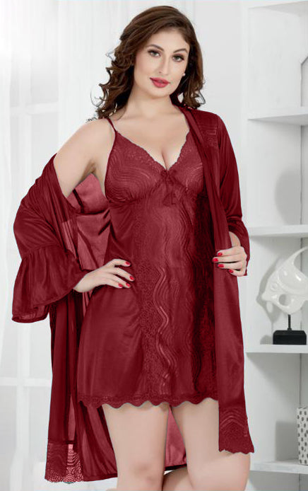 Maroon Silk Bridal Nighty 2pcs Set 2001 A Sunshine Night Suits