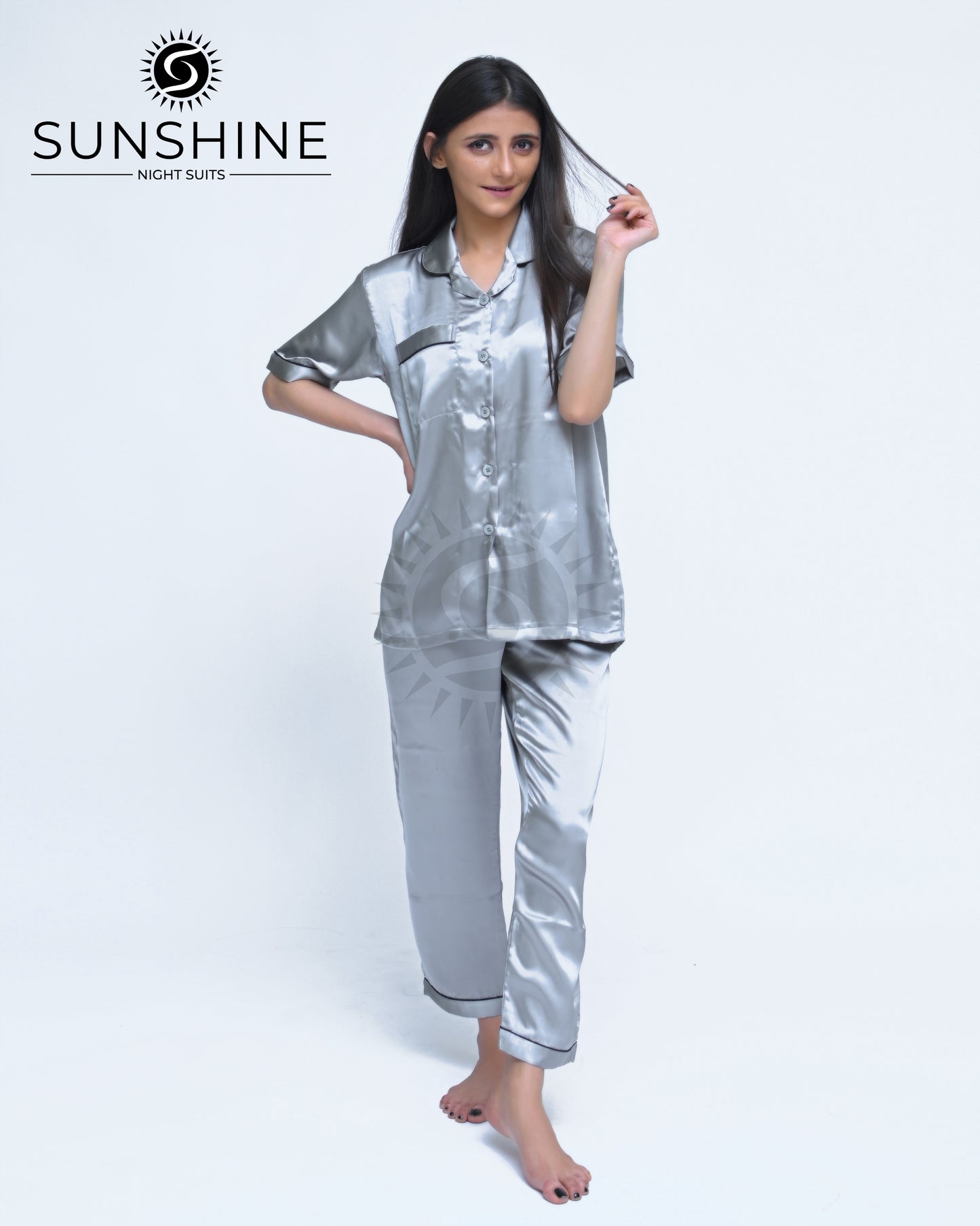 Silver Grey Plain Shamoz Silk Nightdress WSSN-11