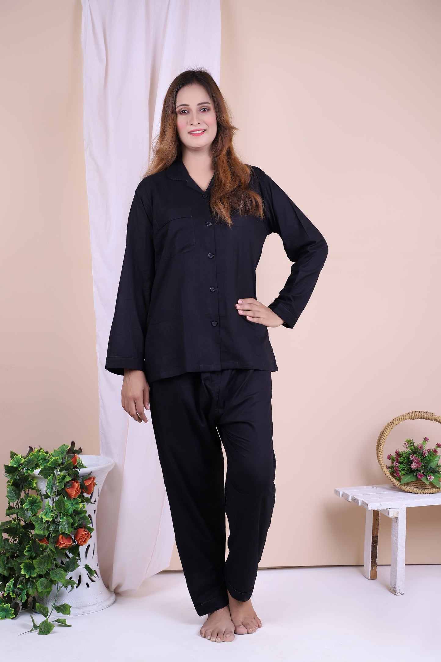 Black Plain Cotton Nightdress WCN-12