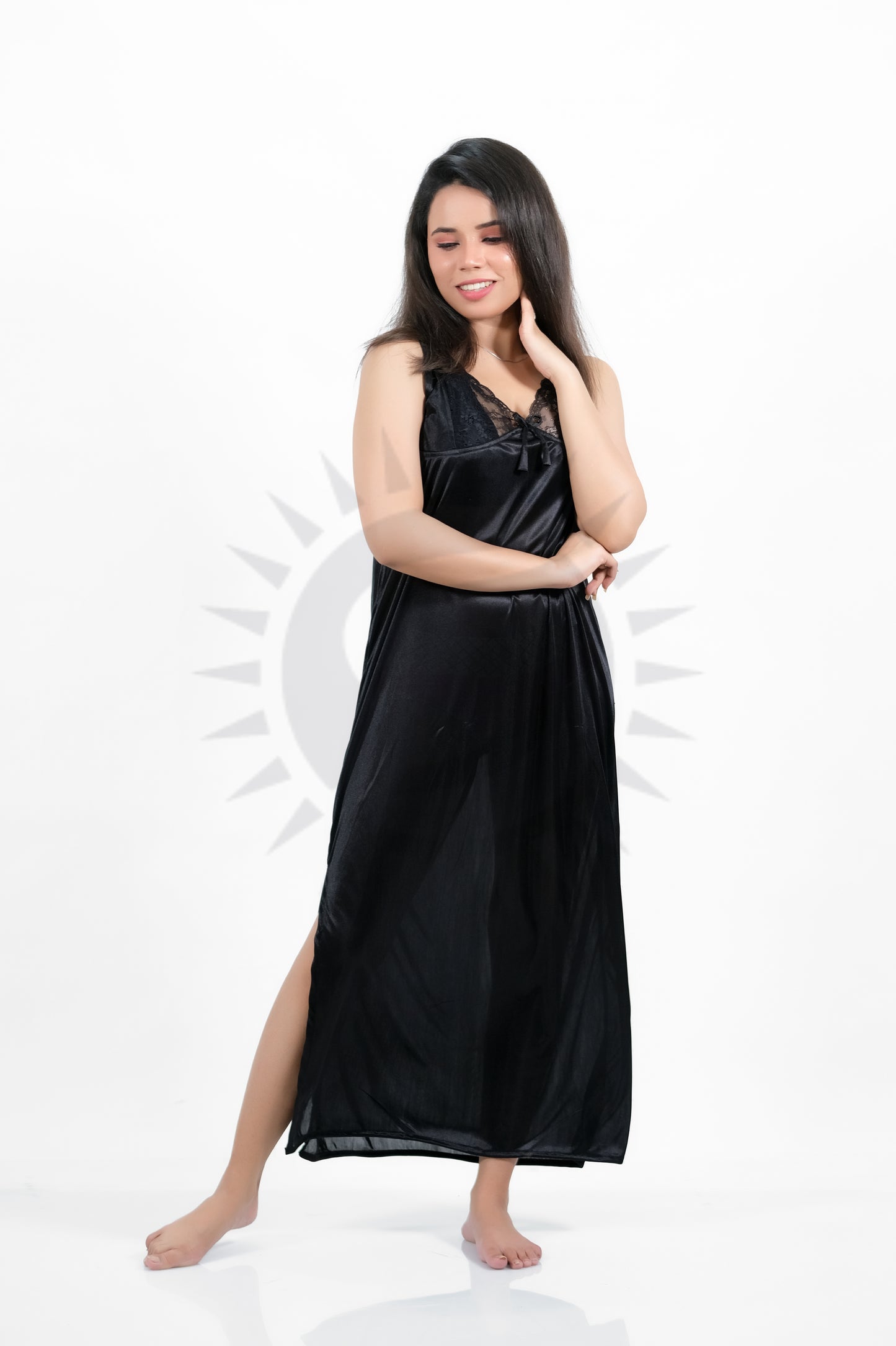 Black Silk Bridal Nighty 2pcs Set - 2000-D