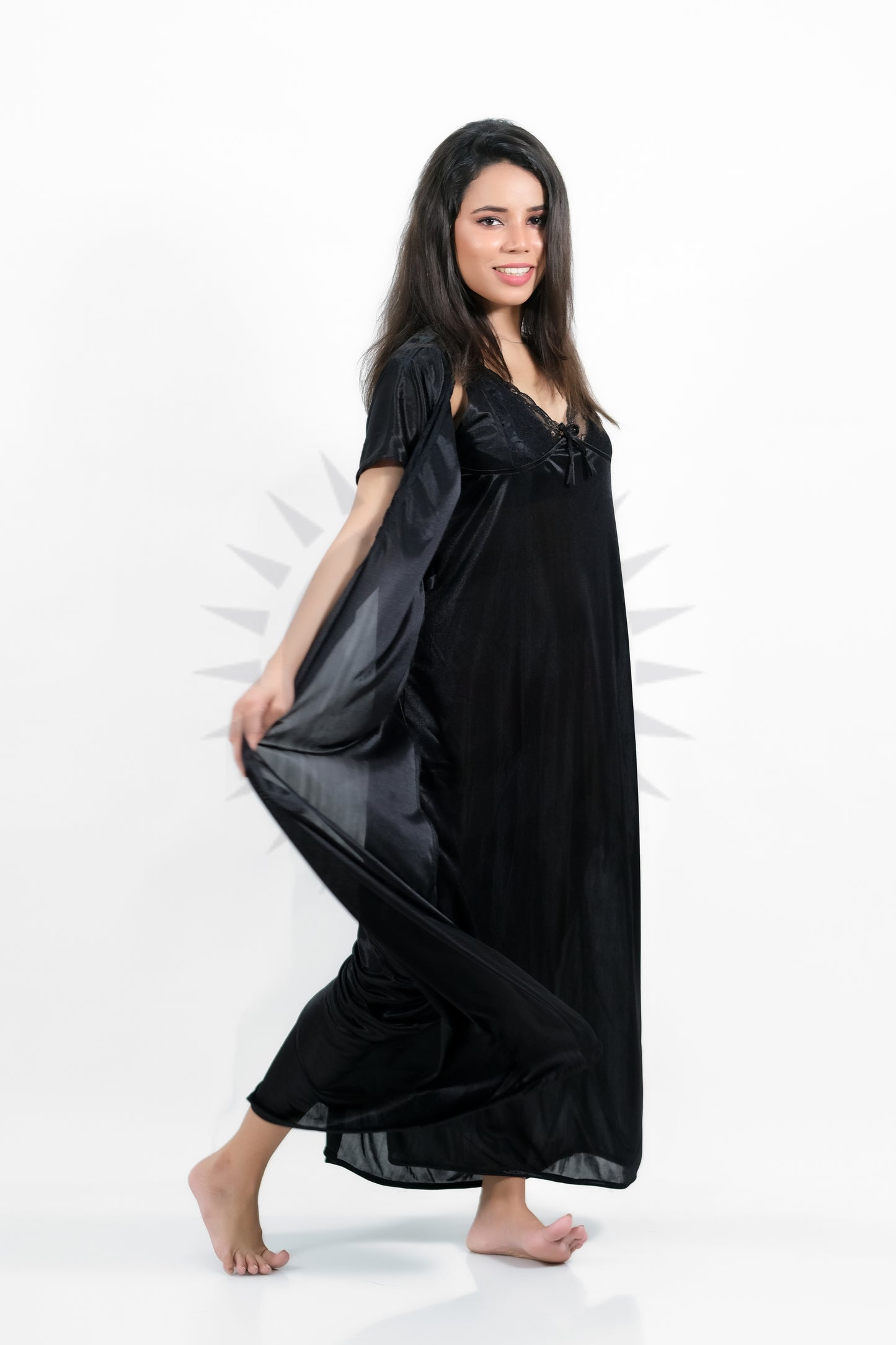 Black Silk Bridal Nighty 2pcs Set - 2000-D