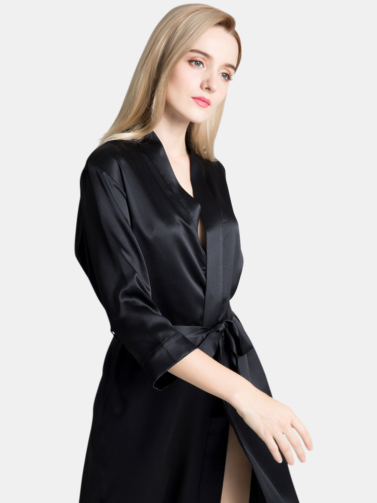 Black Silky Short Kimono Robe WSR-02