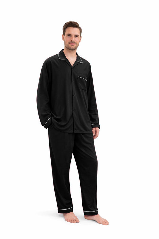 Black Plain Imported Linen Night Suit for Men