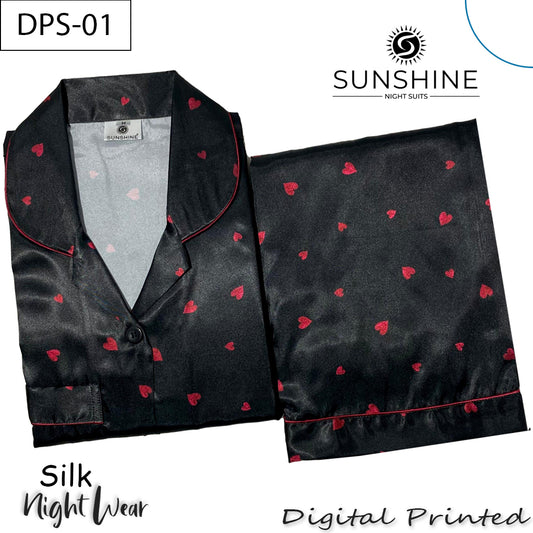 Black Red Hearts Digital Printed Silk Nightdress for Women – DPS-01