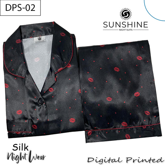 Black Red Lips Digital Printed Silk Nightdress for Women – DPS-02