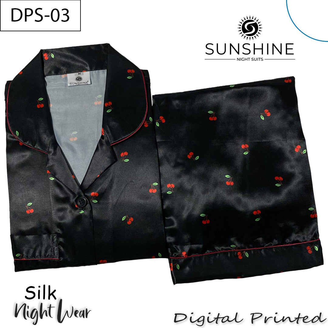 Black Red Cherry Digital Printed Silk Nightdress for Women – DPS-03