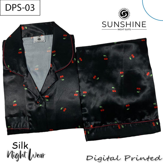 Black Red Cherry Digital Printed Silk Nightdress for Women – DPS-03