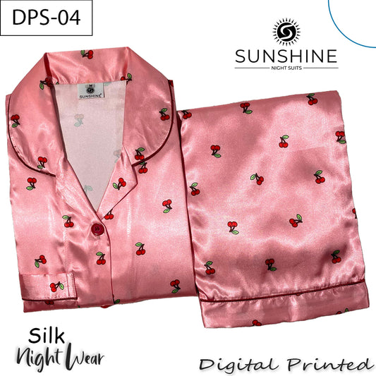 Blush Pink Cherry Digital Printed Silk Nightdress for Women – DPS-04