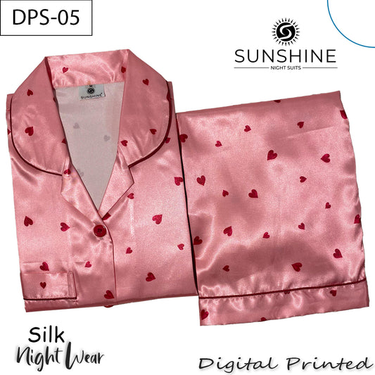 Blush Pink Heart Digital Printed Silk Nightdress for Women – DPS-05