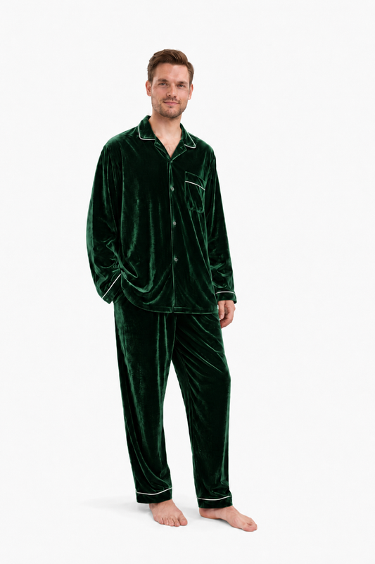 Dark Green Velvet Night Suit For Men