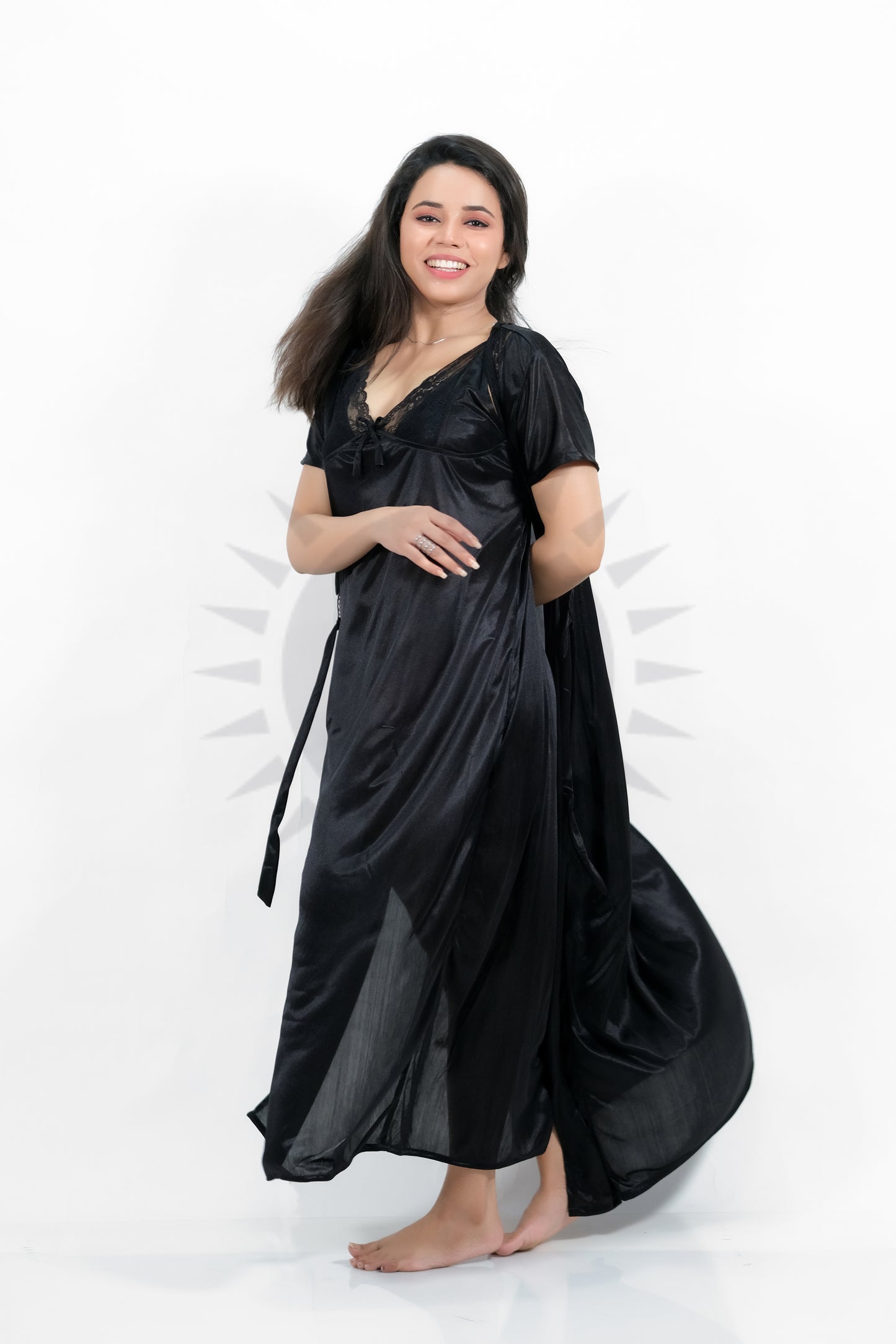 Black Silk Bridal Nighty 2pcs Set - 2000-D