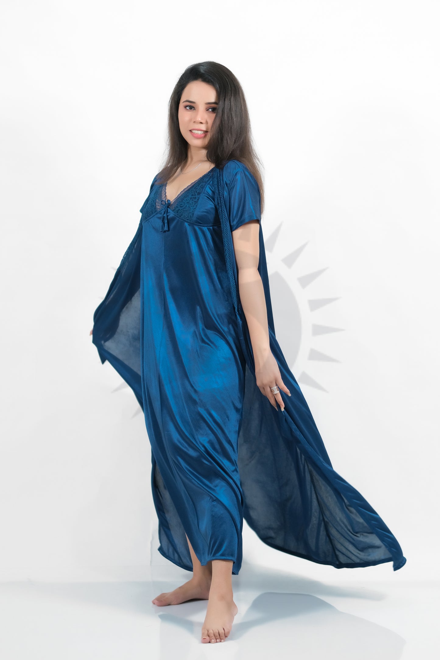 Blue Silk Bridal Nighty 2pcs Set - 2000-C