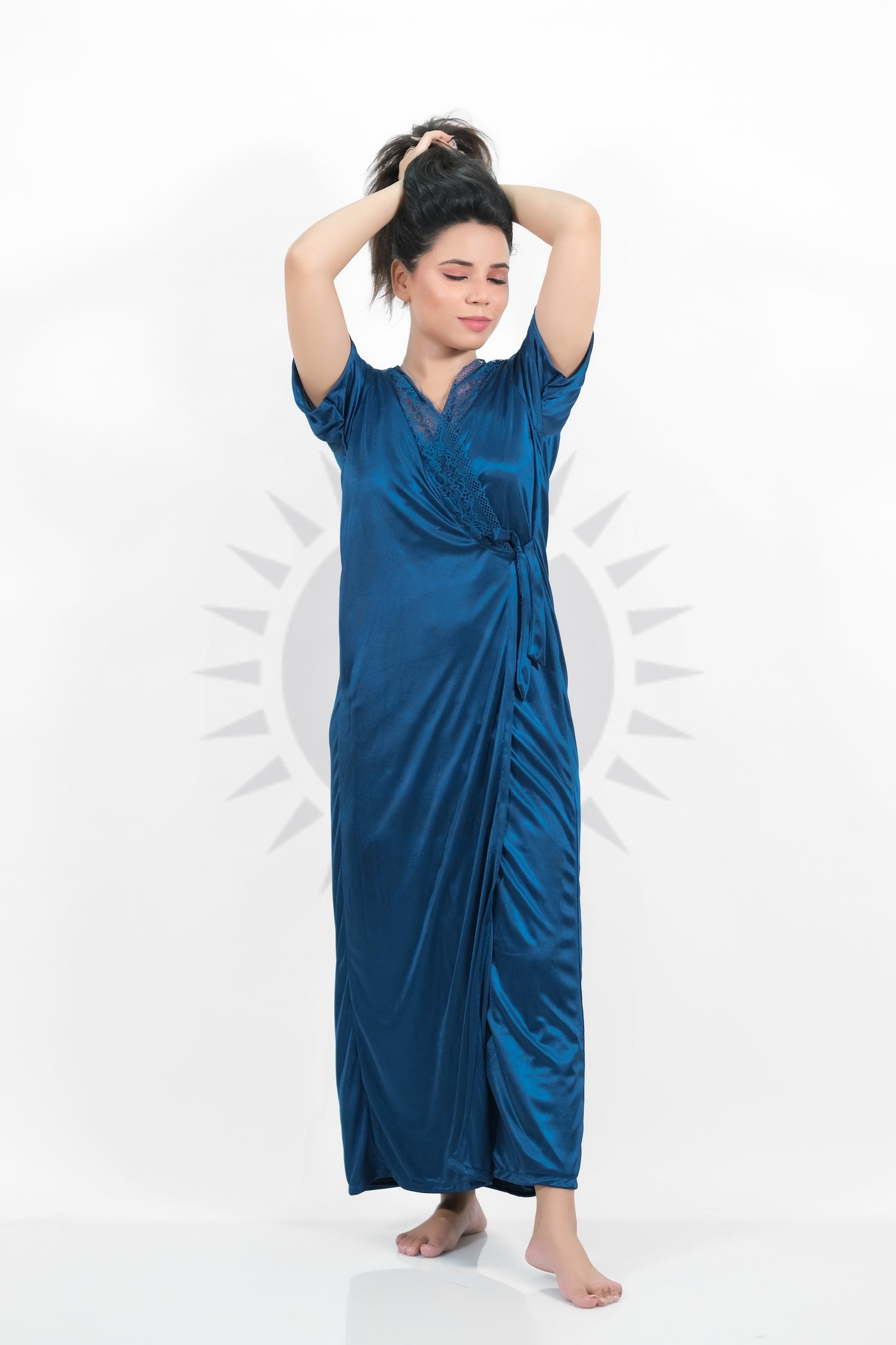 Blue Silk Bridal Nighty 2pcs Set - 2000-C