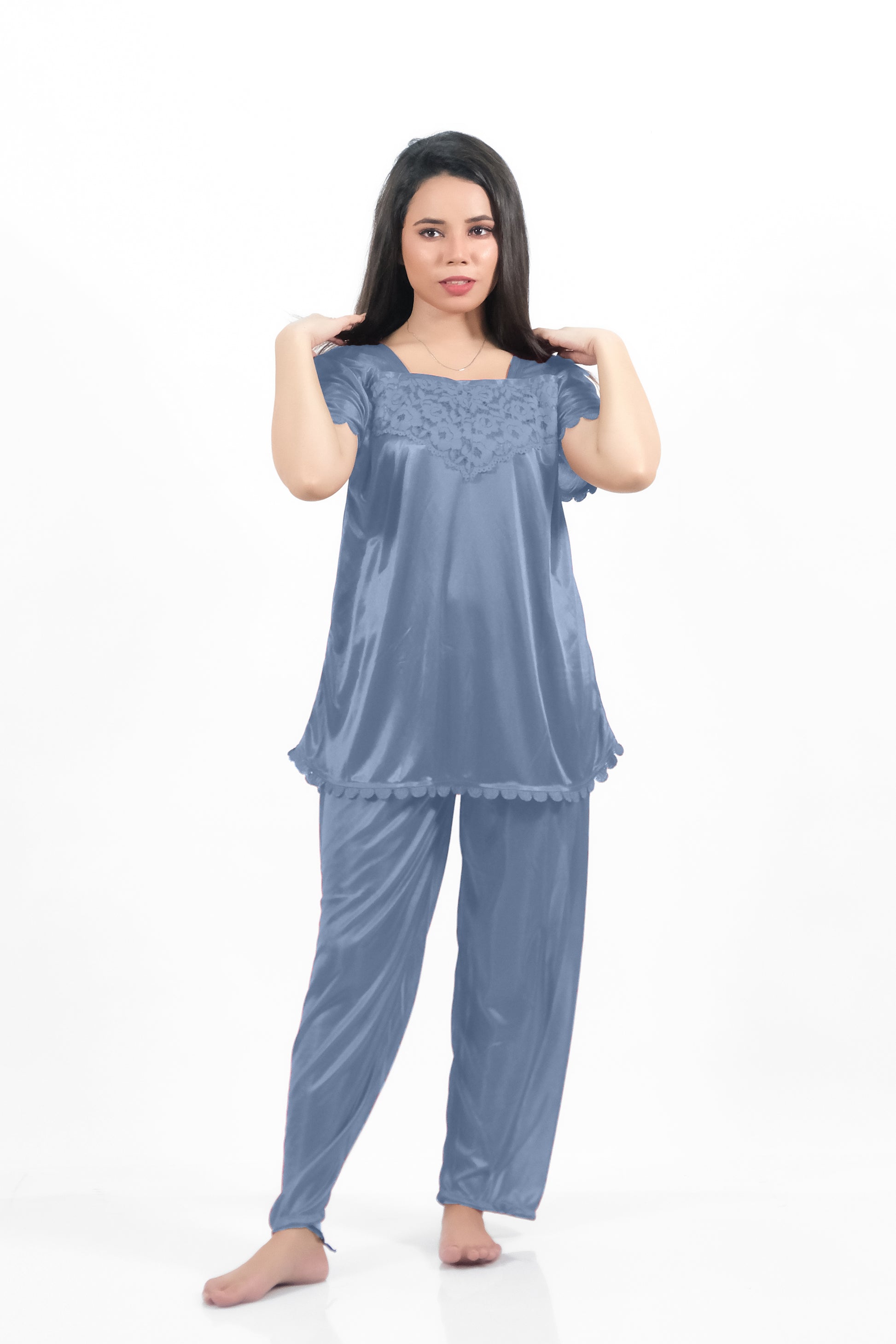 Grey silk pajama set (2500-G): Elegant sleepwear in smooth silk jersey fabric.