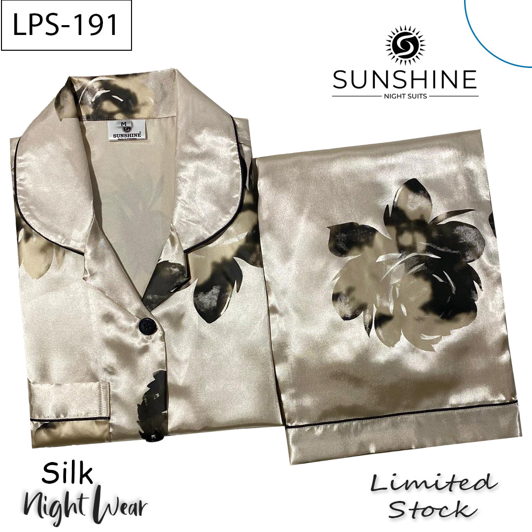 Champagne Black Floral Printed Silk Nightdress LPS-191