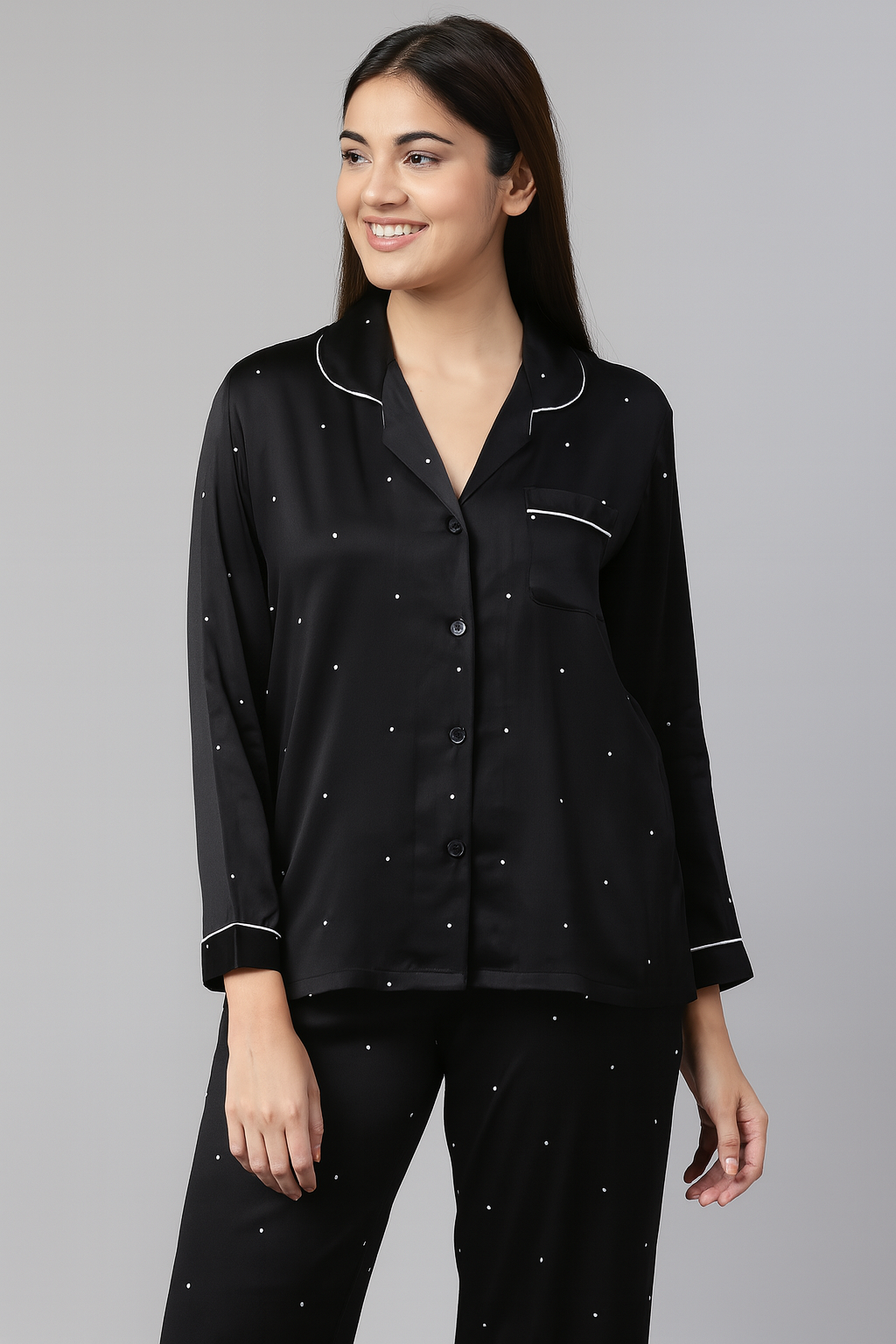 Black White Tiny Dots Printed Shamoz Silk Nightdress LPSS-09