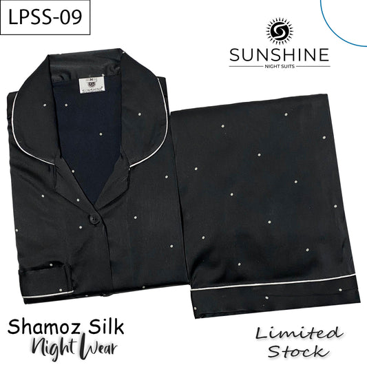 Black White Tiny Dots Printed Shamoz Silk Nightdress LPSS-09
