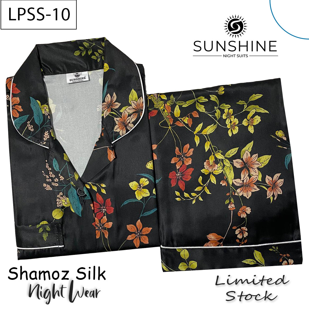 Black Multicolor Floral Printed Shamoz Silk Nightdress LPSS-10