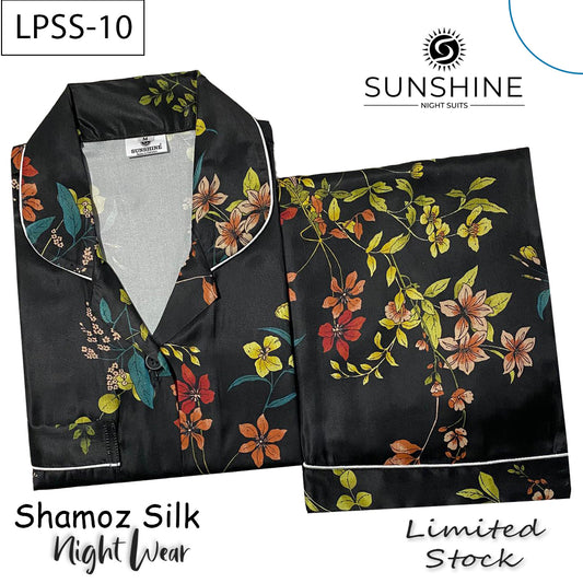 Black Multicolor Floral Printed Shamoz Silk Nightdress LPSS-10