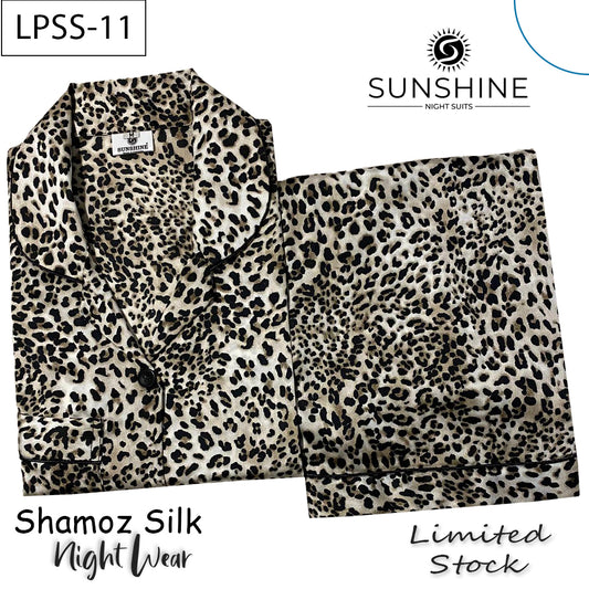 Beige Black Leopard Printed Shamoz Silk Nightdress LPSS-11