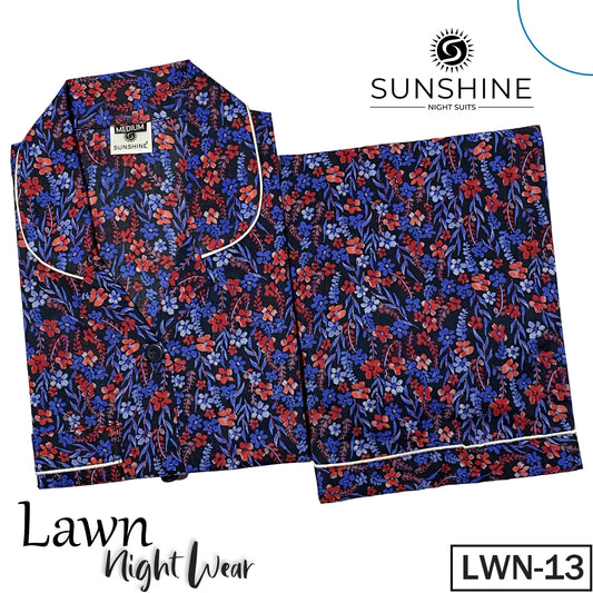 Blue Red Floral Printed Lawn Nightdress LWN-013