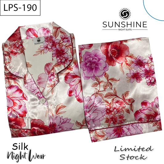 White Pink Floral Printed Silk Nightdress LPS-190
