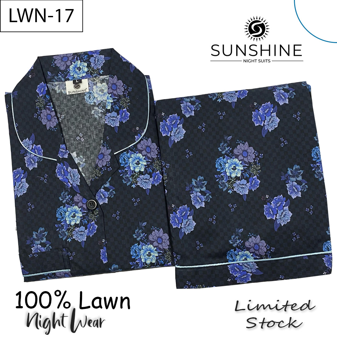 Blue Black Floral 100% Printed Lawn Nightdress LWN-17