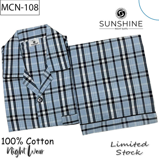 Sky Blue Check 100% Cotton Night Suit – MCN-108