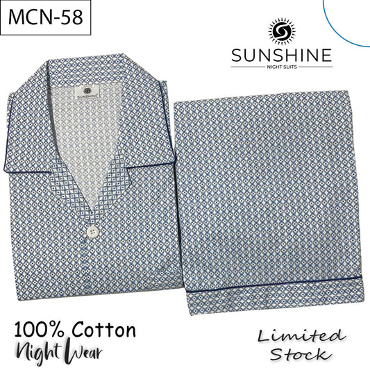 Blue White Geometric Printed 100% Cotton Night Suit – MCN-58