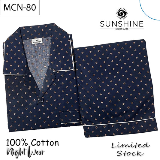 Navy Blue Motif Printed 100% Cotton Night Suit – MCN-80