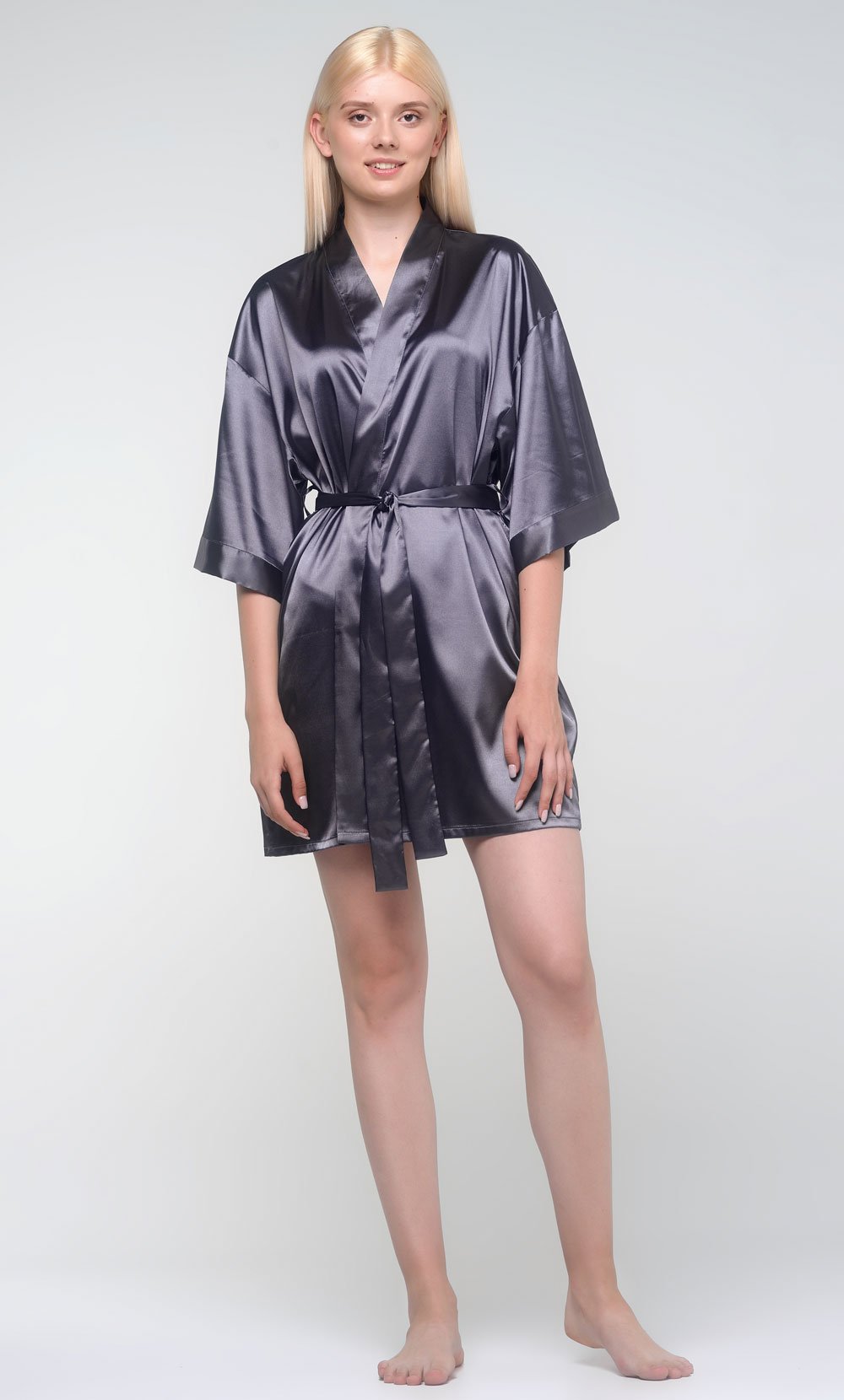 Malaysian Grey Silky Short Kimono Robe WSR-04