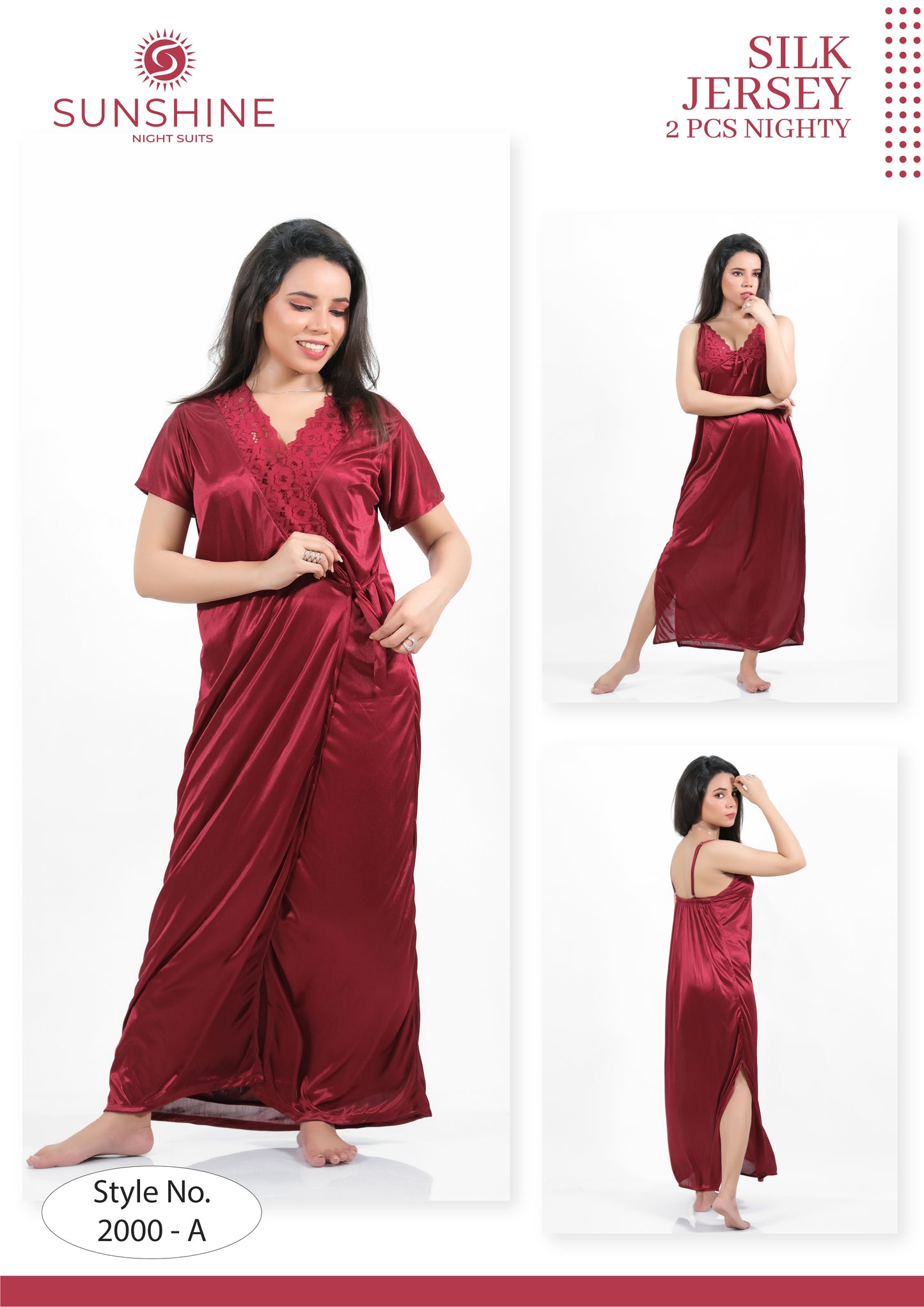 Maroon Silk Bridal Nighty 2pcs Set - 2000-A