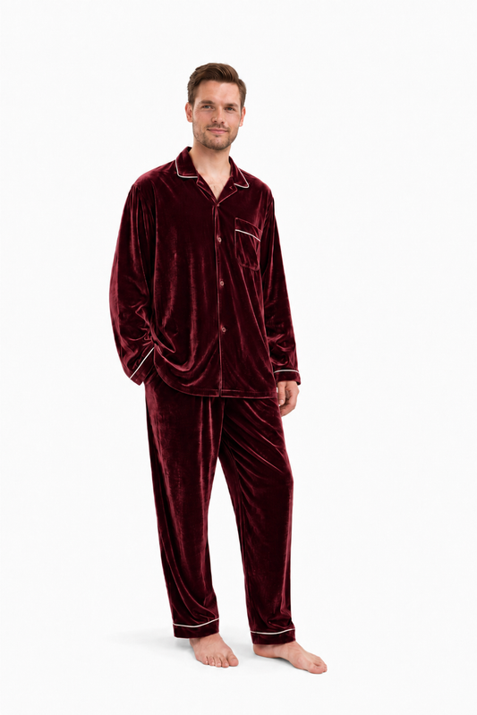 Maroon Velvet Night Suit For Men