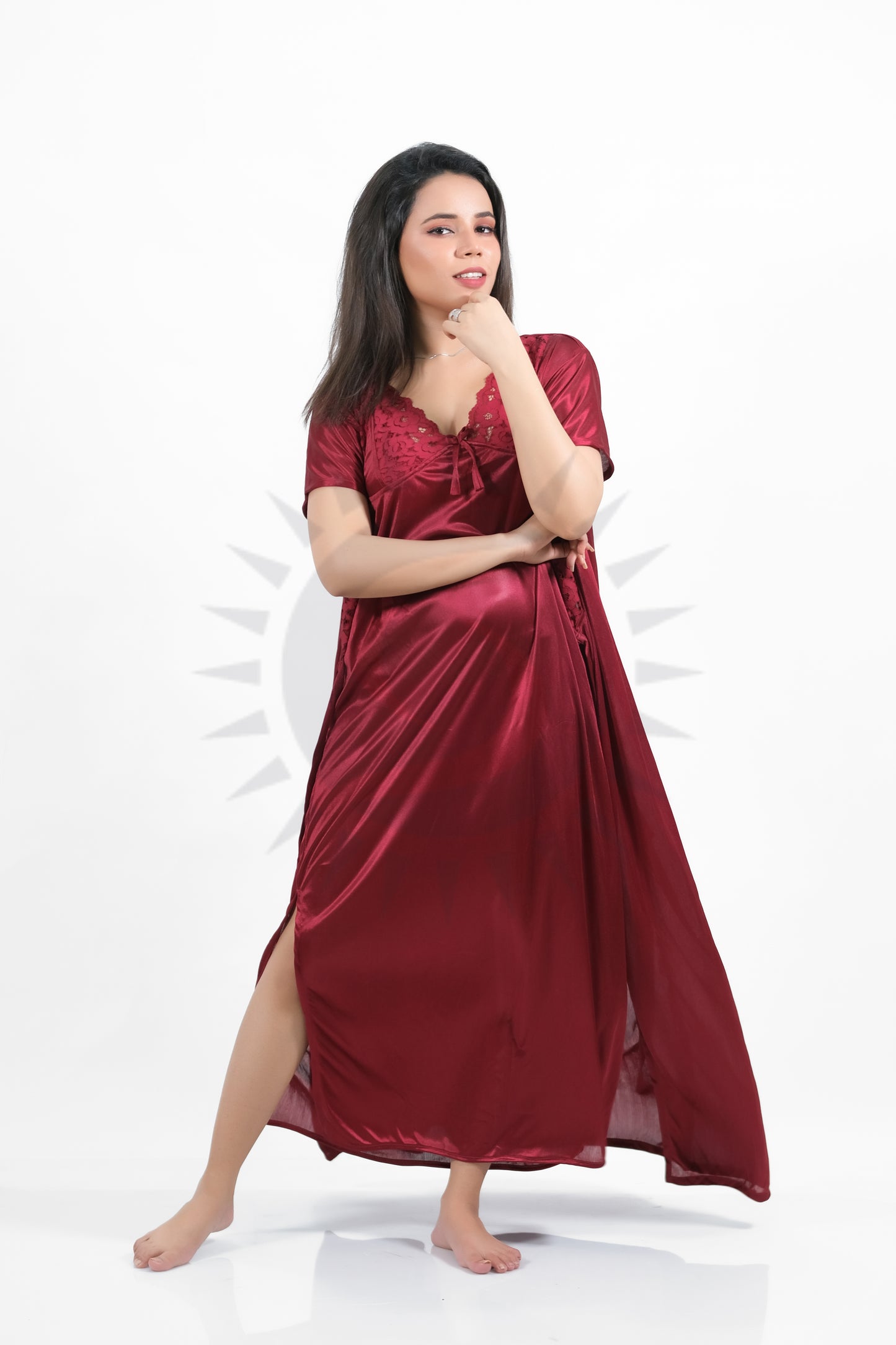 Maroon Silk Bridal Nighty 2pcs Set - 2000-A