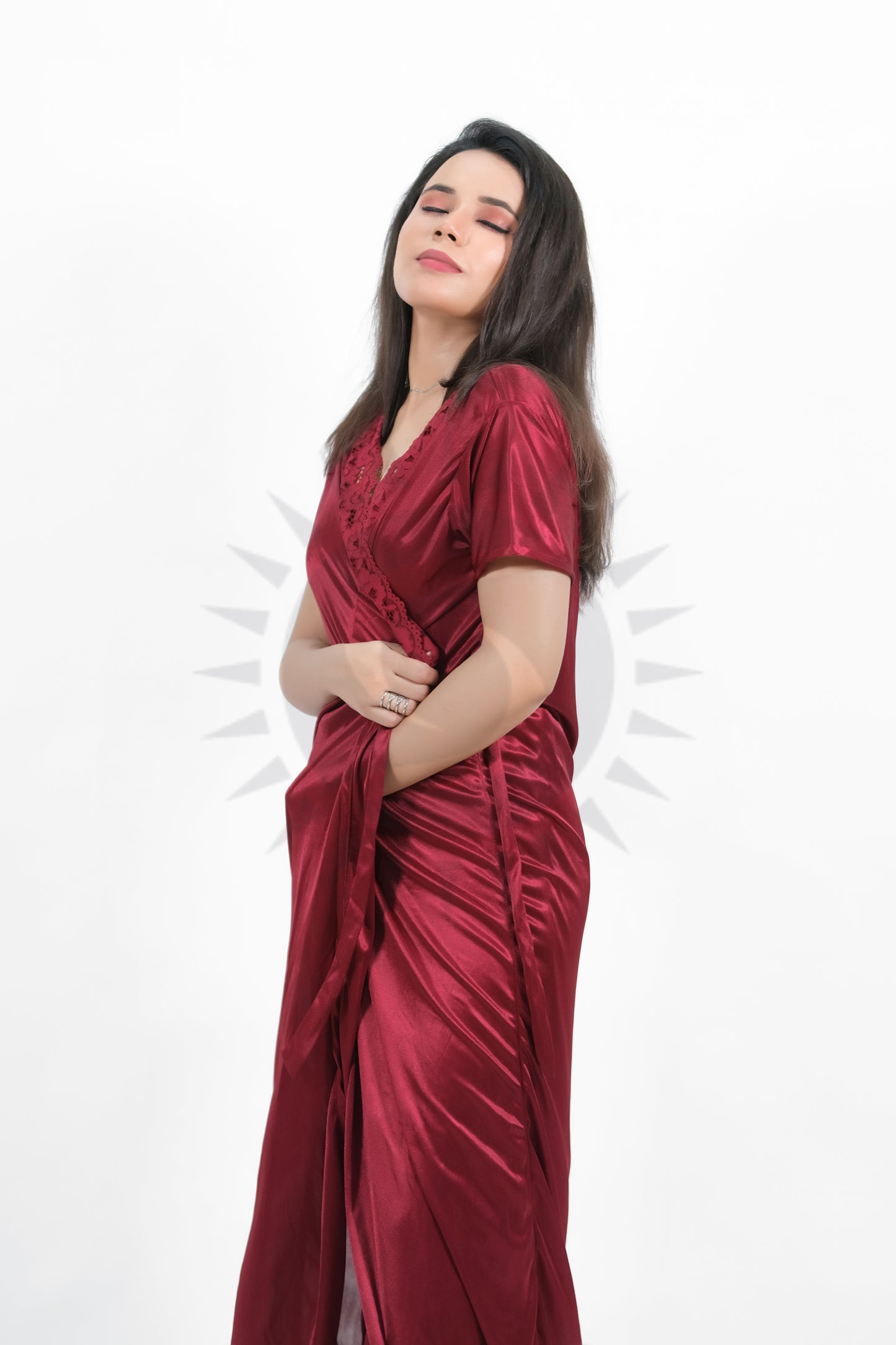 Maroon Silk Bridal Nighty 2pcs Set - 2000-A