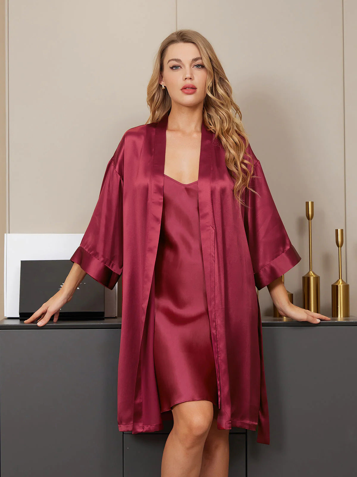 Maroon Silk Camisole & Gown Set WCGS-08