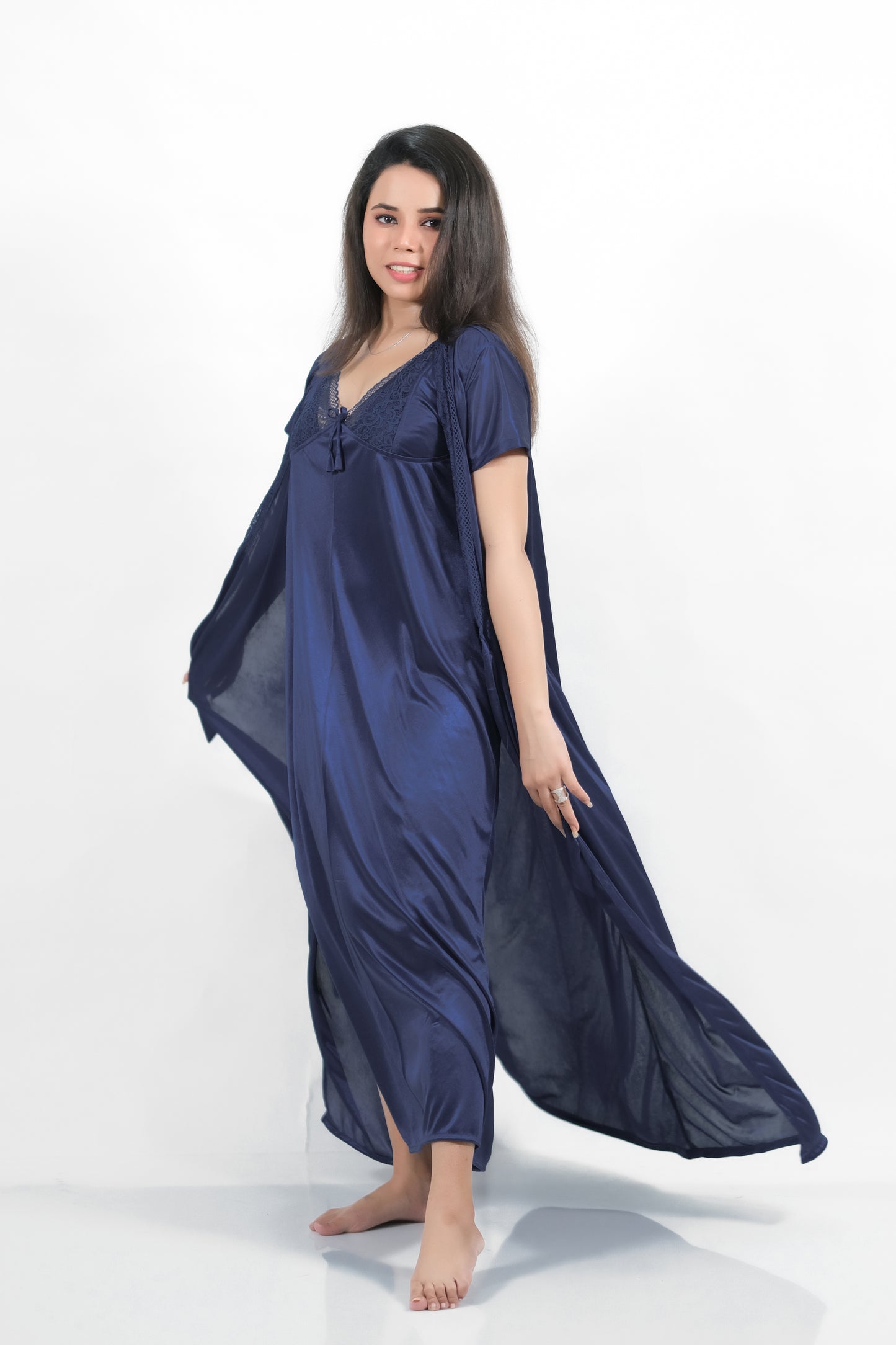 Navy Blue Silk Bridal Nighty 2pcs Set - 2000-F