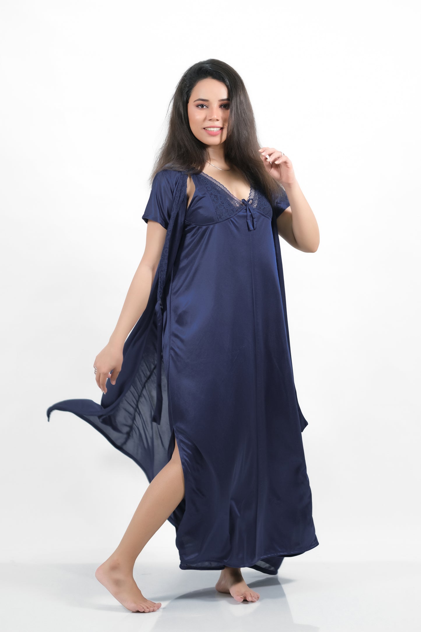 Navy Blue Silk Bridal Nighty 2pcs Set - 2000-F