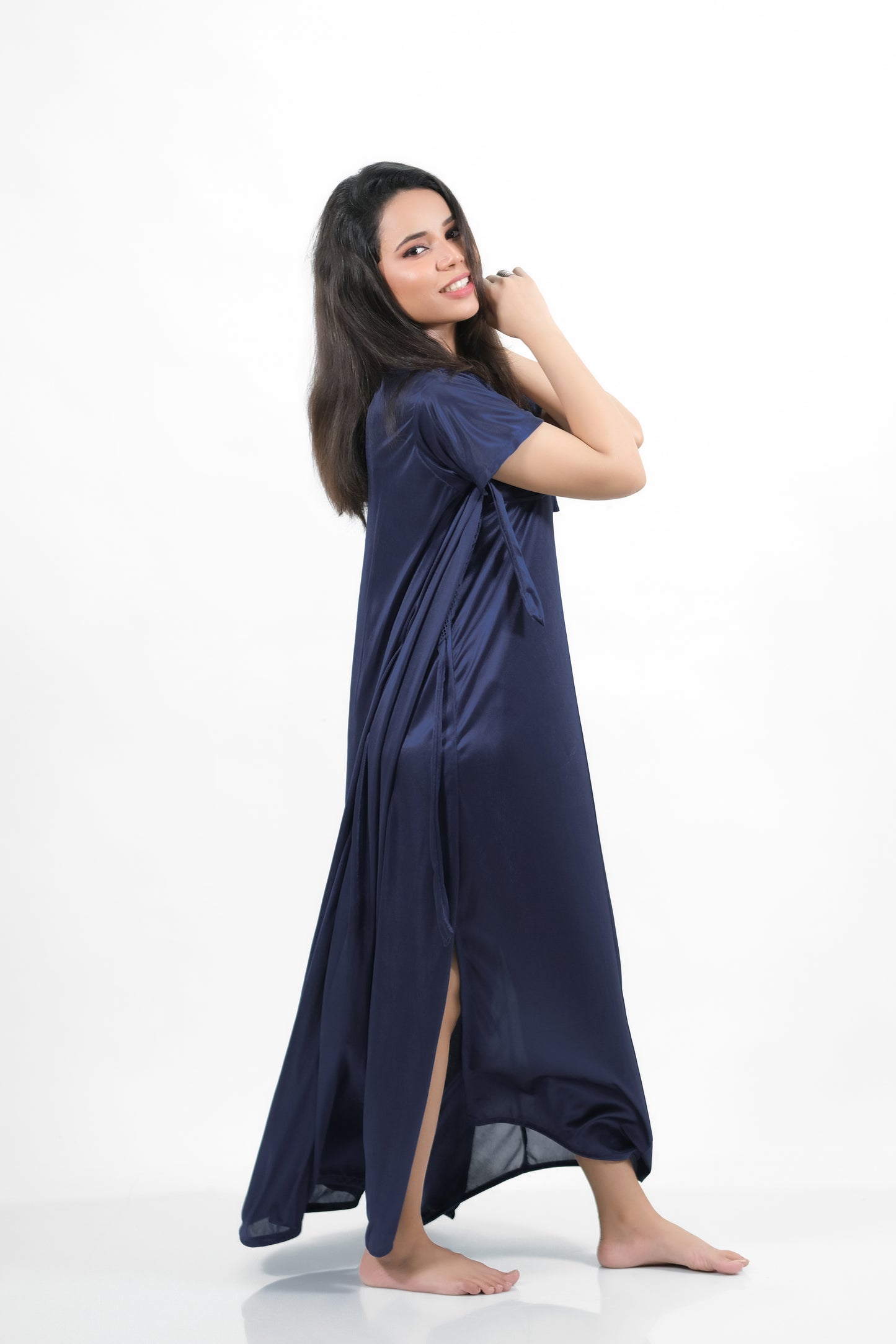 Navy Blue Silk Bridal Nighty 2pcs Set - 2000-F