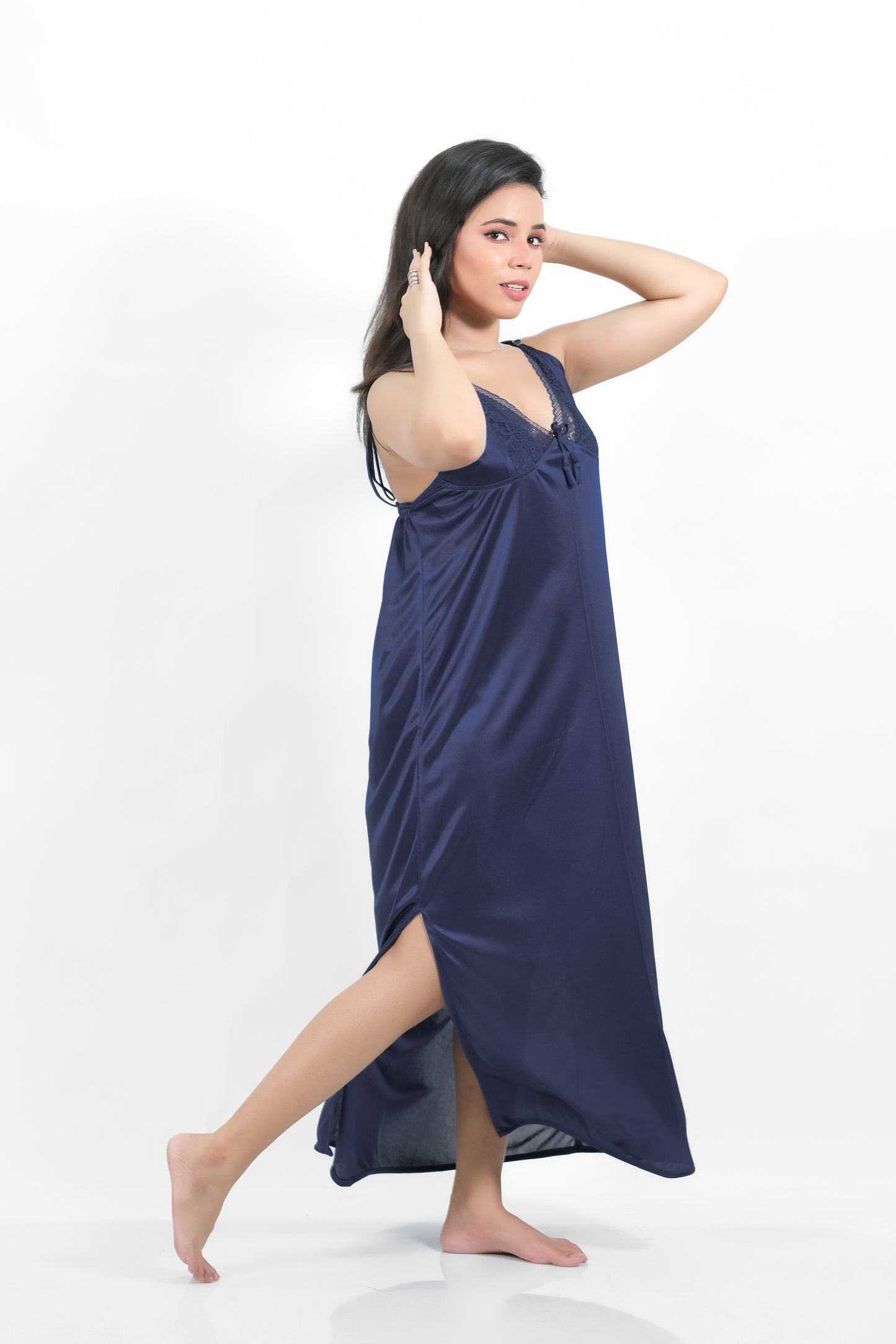 Navy Blue Silk Bridal Nighty 2pcs Set - 2000-F