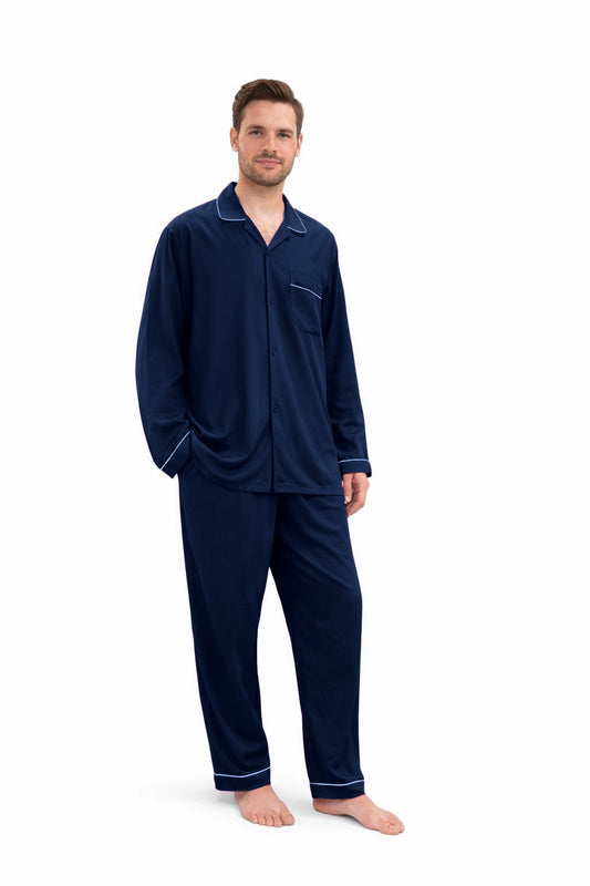 Navy Blue Plain Imported Linen Night Suit for Men