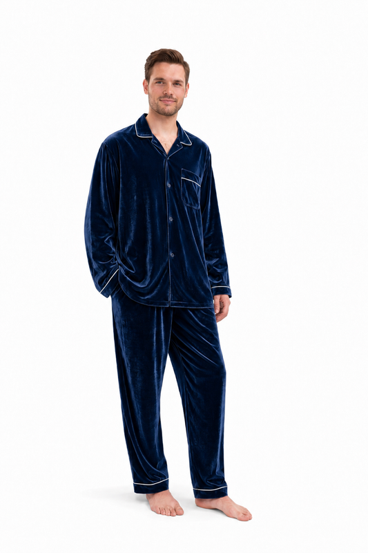 Navy Blue Velvet Night Suit For Men