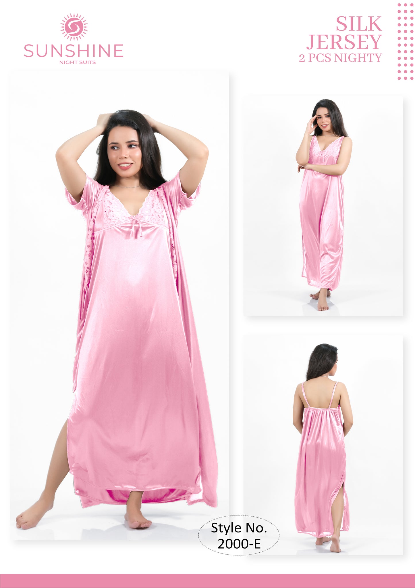 Pink Silk Bridal Nighty 2pcs Set - 2000-E