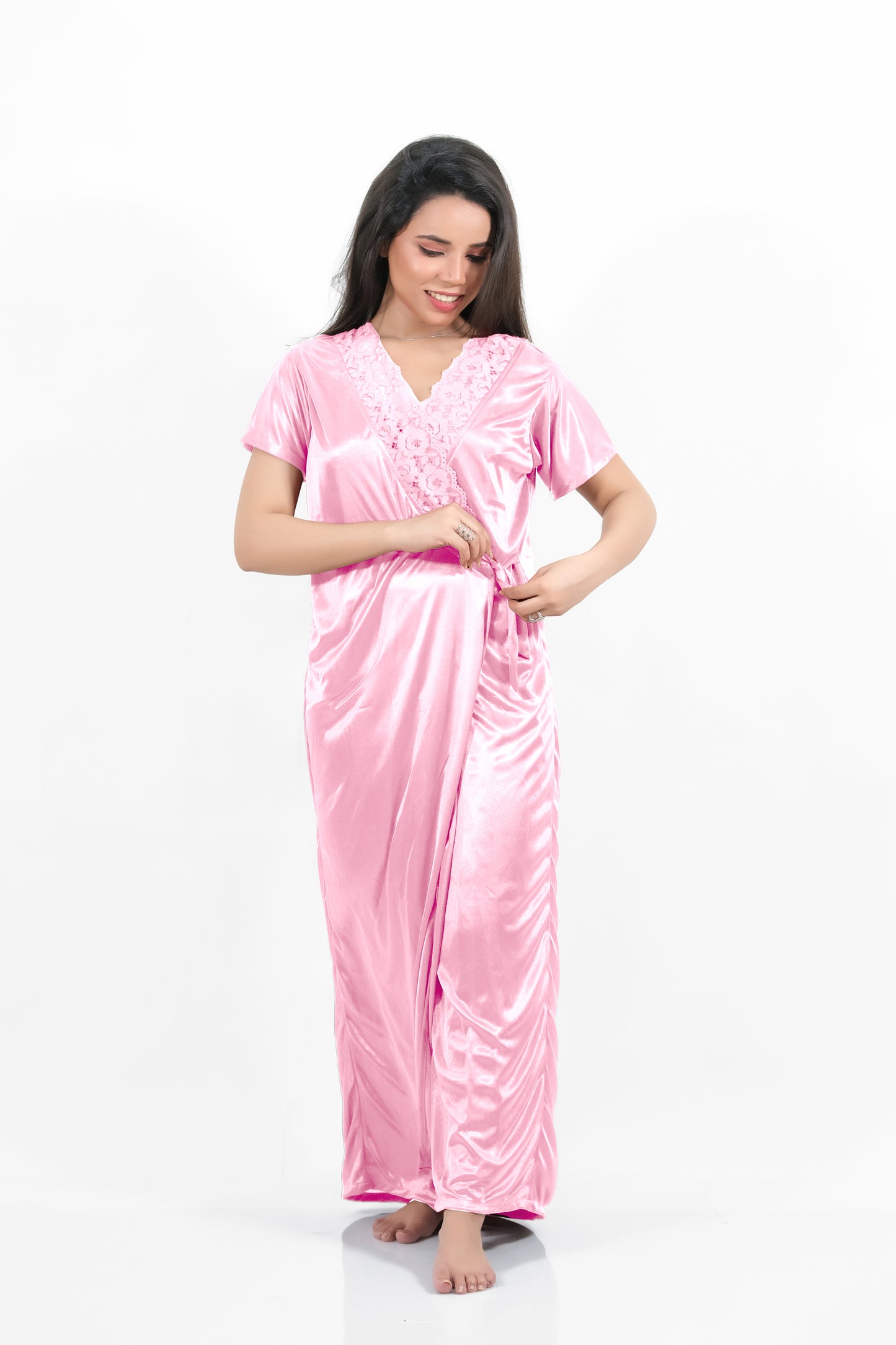 Pink Silk Bridal Nighty 2pcs Set - 2000-E