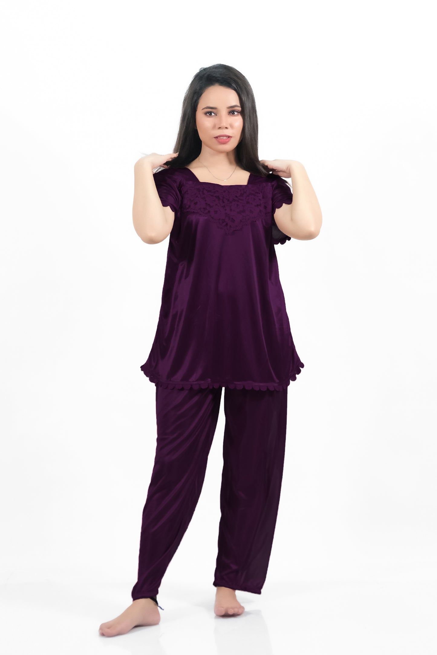 Purple silk pajama set (2500-H): Elegant sleepwear in smooth silk jersey fabric.