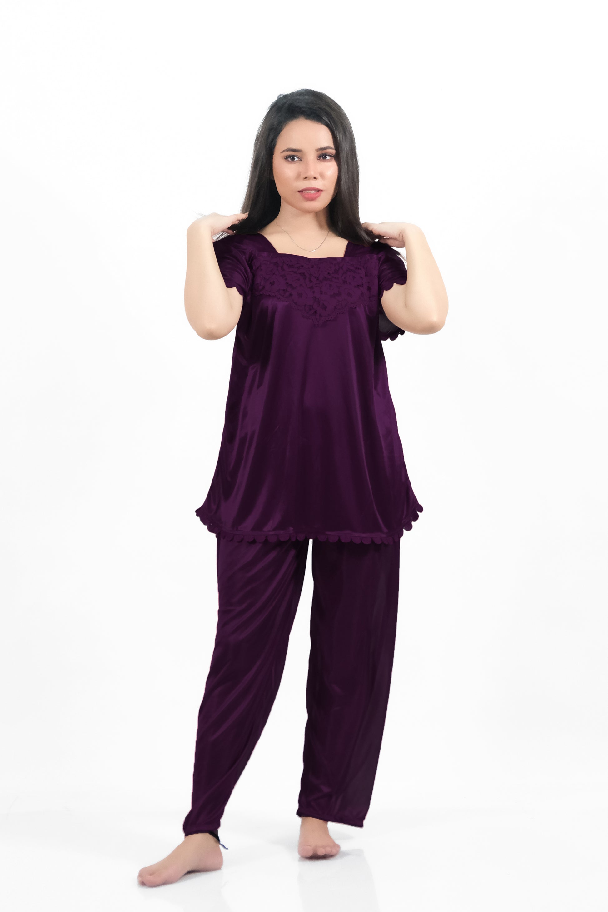 Purple silk pajama set (2500-H): Elegant sleepwear in smooth silk jersey fabric.