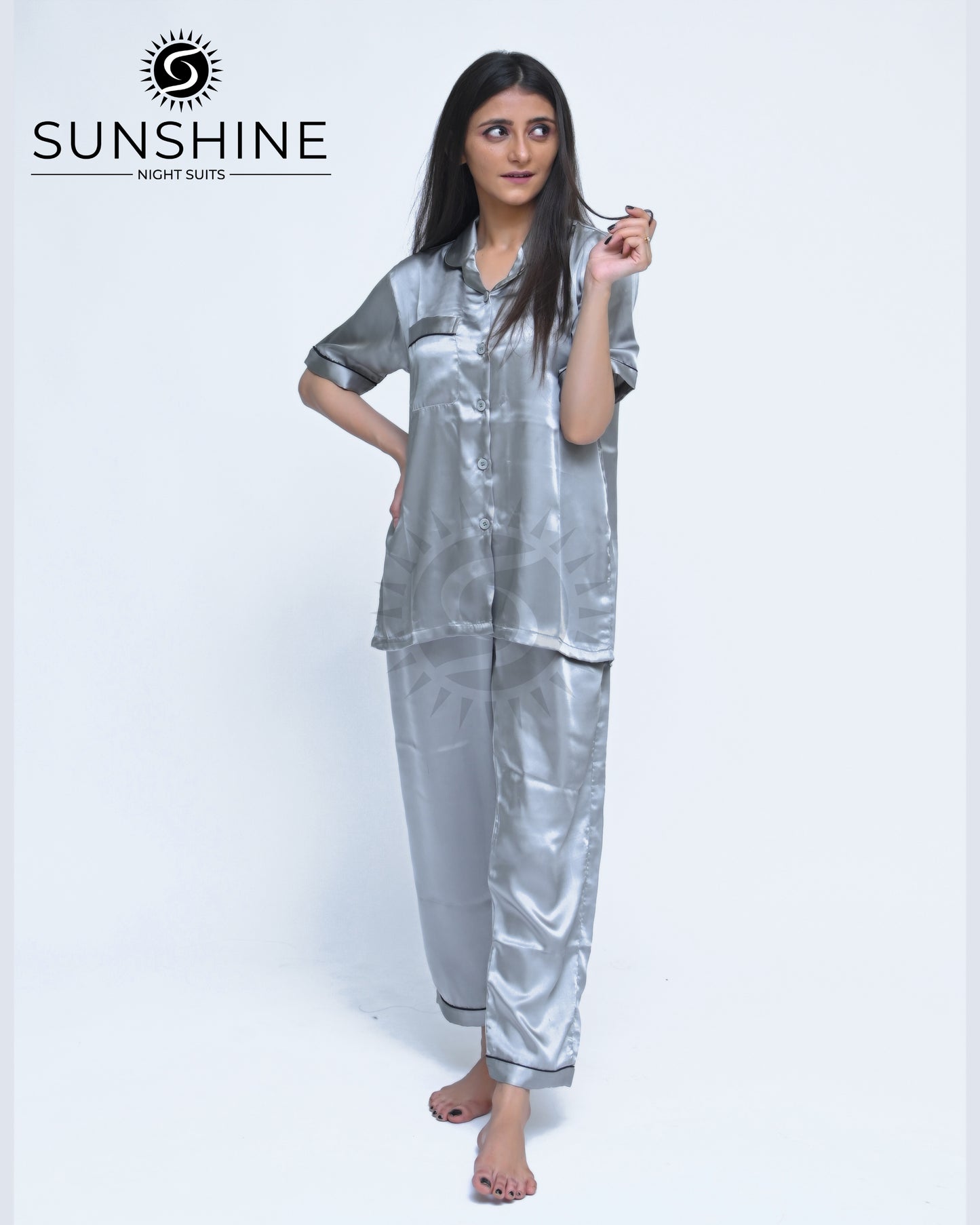 Silver Grey Plain Shamoz Silk Nightdress WSSN-11