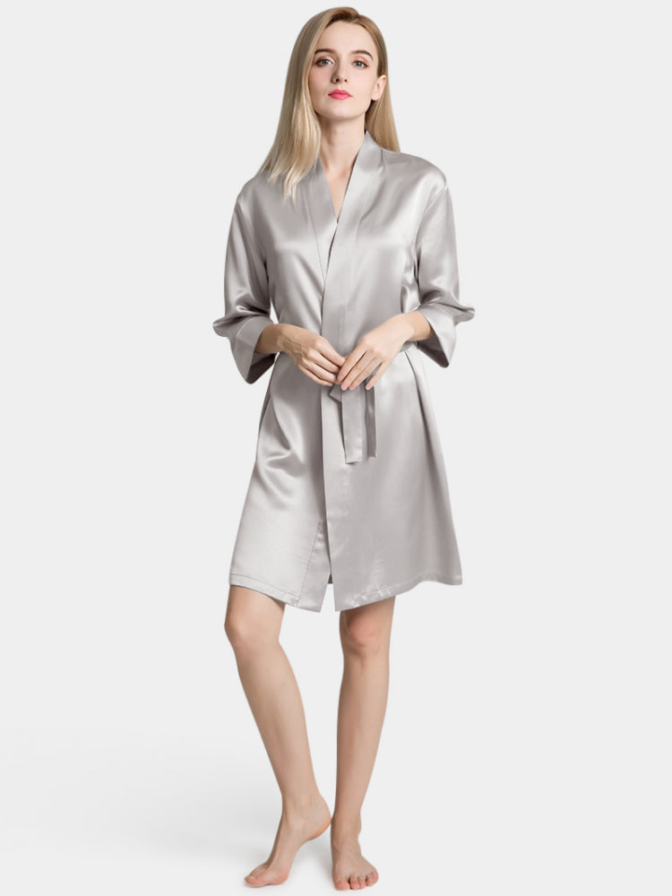 Silver Grey Silky Short Kimono Robe WSR-08